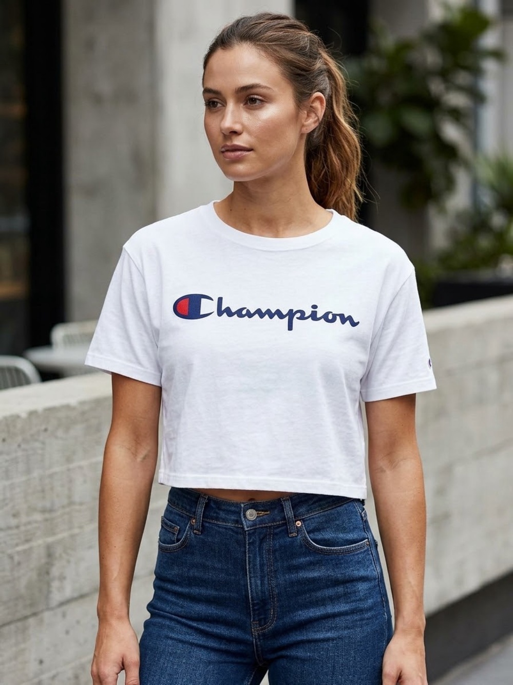 Champion White Crop Tee with Navy & Red Logo